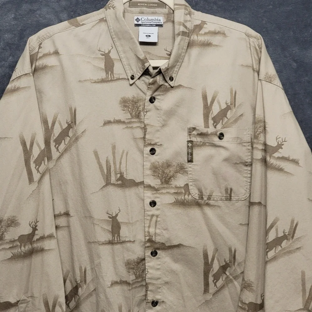 Columbia Button Down Shirt Men XL Tan Deer Elk Nature Print Long Sleeve Cabin - Picture 3 of 13